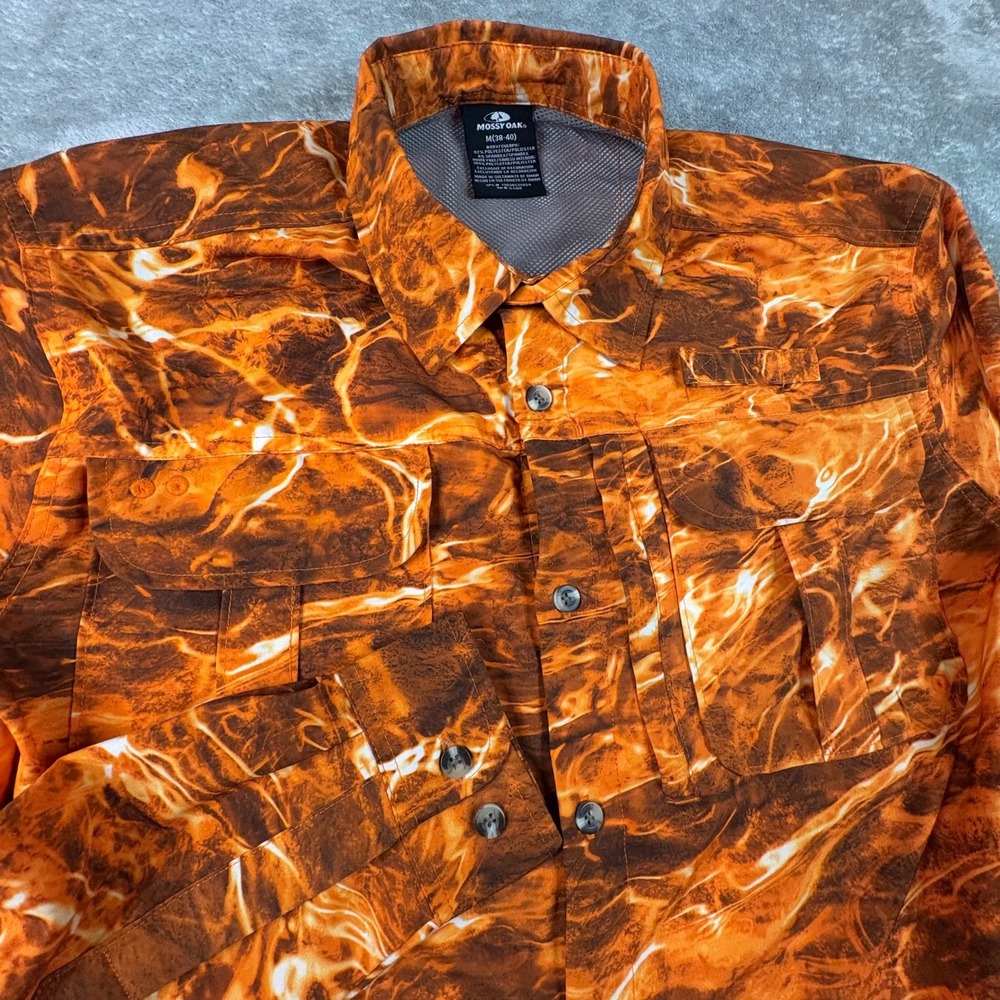 Mossy Oak Men's M Orange Elements Camo LS Performance Fishing Shirt SEE DESC